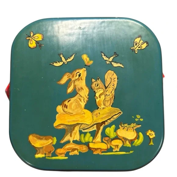 Vintage Hand-Painted Woodland Bunny & Squirrel Basket - Picture 3 of 10